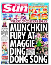 The Sun () Newspaper Front Page for 13 April 2013
