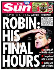 The Sun () Newspaper Front Page for 13 August 2014