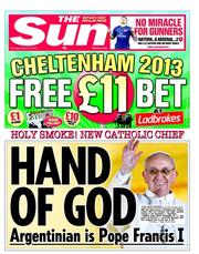 The Sun () Newspaper Front Page for 14 March 2013