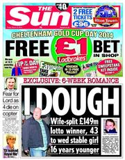 The Sun () Newspaper Front Page for 14 March 2014