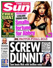 The Sun () Newspaper Front Page for 16 December 2013