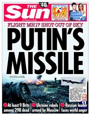 The Sun () Newspaper Front Page for 18 July 2014