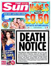 The Sun () Newspaper Front Page for 1 September 2013