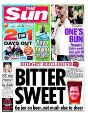 The Sun () Newspaper Front Page for 20 March 2013