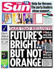 The Sun () Newspaper Front Page for 25 September 2014
