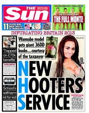 The Sun () Newspaper Front Page for 26 March 2013