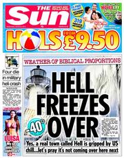 The Sun () Newspaper Front Page for 8 January 2014