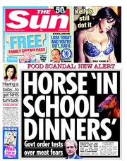 The Sun () Newspaper Front Page for 9 February 2013