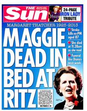 The Sun () Newspaper Front Page for 9 April 2013