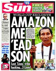 The Sun () Newspaper Front Page for 9 June 2014