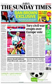 The Sunday Times () Newspaper Front Page for 12 May 2013