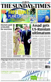 The Sunday Times () Newspaper Front Page for 15 September 2013