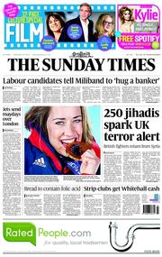 The Sunday Times () Newspaper Front Page for 16 February 2014