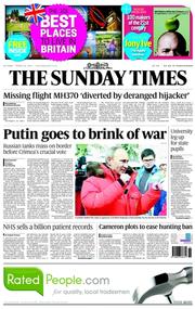 The Sunday Times () Newspaper Front Page for 16 March 2014