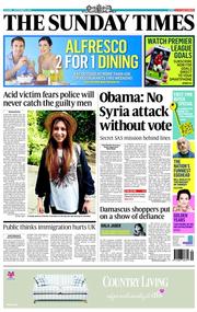 The Sunday Times () Newspaper Front Page for 1 September 2013