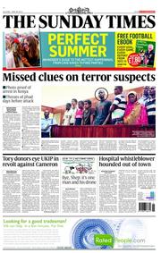 The Sunday Times () Newspaper Front Page for 26 May 2013