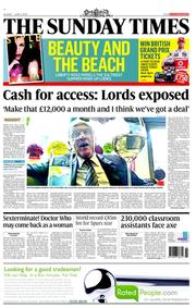 The Sunday Times () Newspaper Front Page for 2 June 2013
