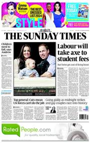 The Sunday Times () Newspaper Front Page for 30 March 2014
