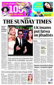 The Sunday Times () Newspaper Front Page for 31 August 2014