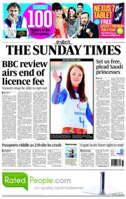 The Sunday Times () Newspaper Front Page for 9 March 2014