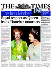 The Times () Newspaper Front Page for 10 April 2013