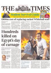 The Times () Newspaper Front Page for 15 August 2013