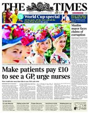 The Times () Newspaper Front Page for 18 June 2014