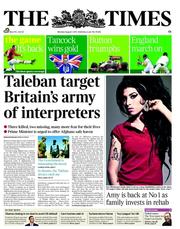 The Times () Newspaper Front Page for 1 August 2011