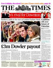 The Times () Newspaper Front Page for 20 September 2011