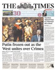 The Times () Newspaper Front Page for 25 March 2014