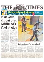 The Times () Newspaper Front Page for 25 September 2013