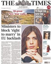 The Times () Newspaper Front Page for 28 December 2013
