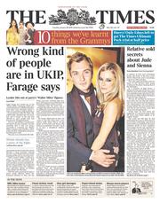 The Times () Newspaper Front Page for 28 January 2014