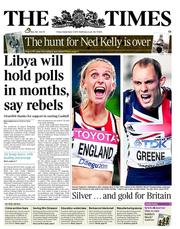 The Times () Newspaper Front Page for 2 September 2011