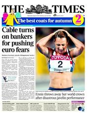 The Times () Newspaper Front Page for 31 August 2011