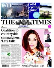 The Times () Newspaper Front Page for 3 September 2011